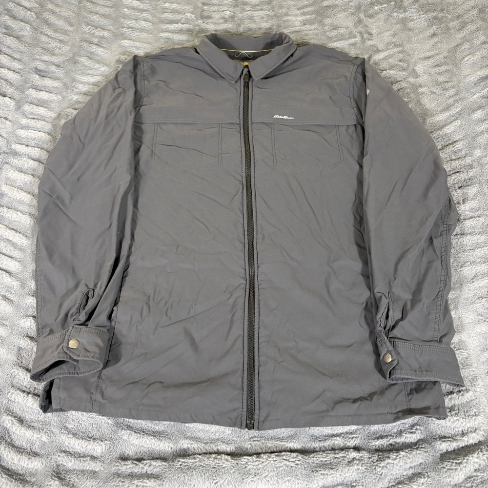 Eddie Bauer Men Large Tall Gray Fleece Lined Full Zip Shirt Jacket Travex AR937